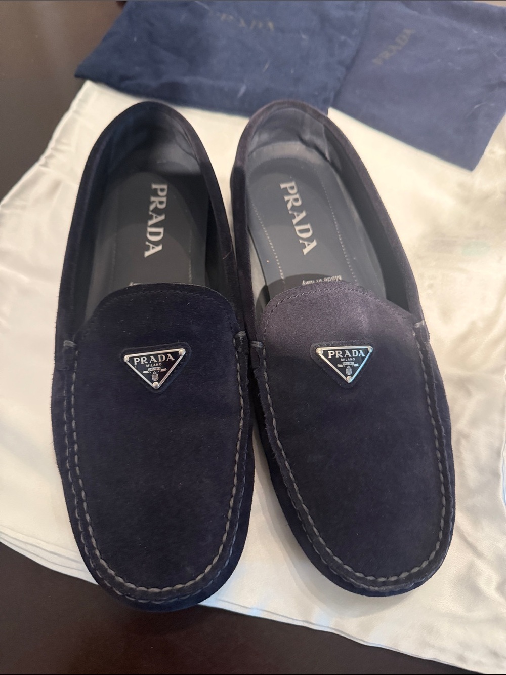 Prada Suede Slip-On Loafers in Navy Blue